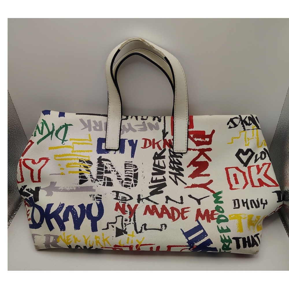 DKNY Graffiti Print Tote Bag White Multi Color Street Art Logo Handbag